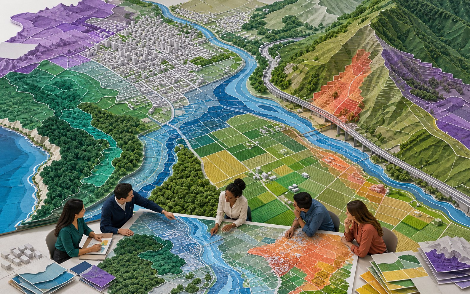 Territorio con capas de ciudad, parcelas, ambiente, riesgos, infraestructura y planificación
